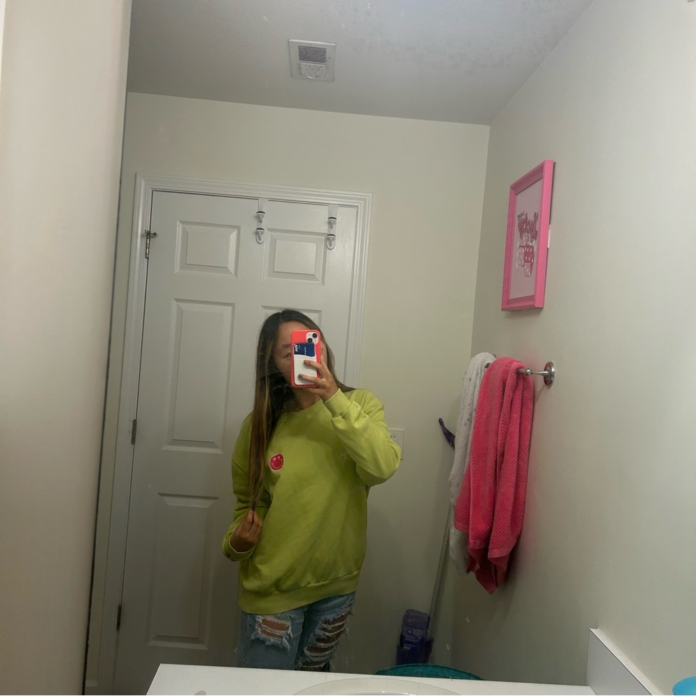 Lime Green Sweatshirt with Pink Smiley Patch